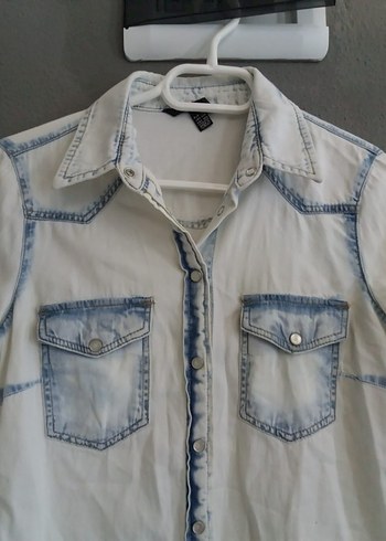 Düğmeli buz mavisi  Denim Kadın Gömlek - Görsel 9