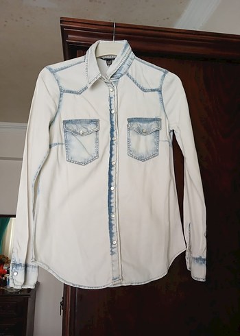 Düğmeli buz mavisi  Denim Kadın Gömlek - Görsel 2