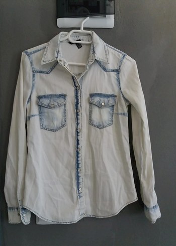 Düğmeli buz mavisi  Denim Kadın Gömlek - Görsel 12