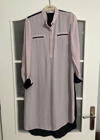Düğmeli Uzun Kollu Siyah-Pembe Kadın Tunik