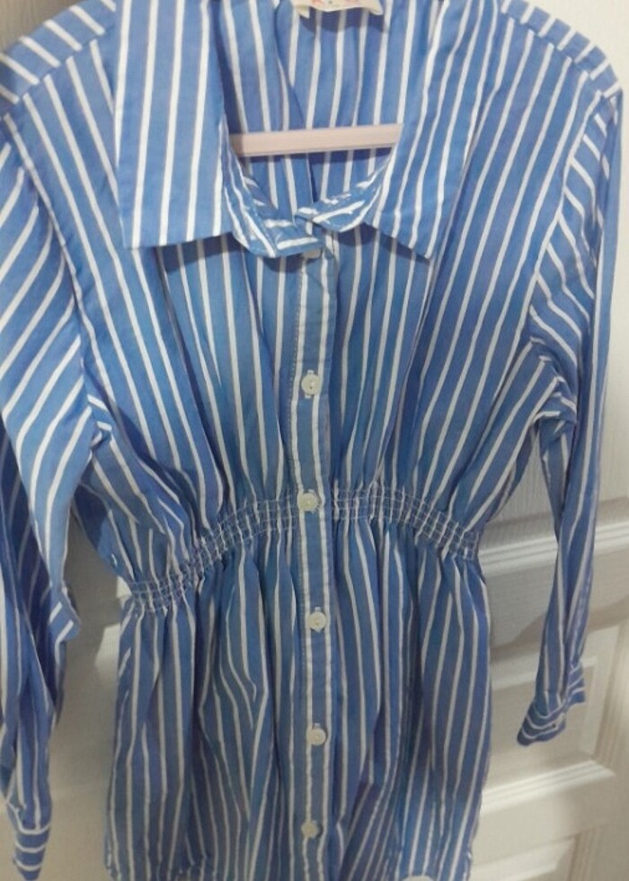 Mavi beyaz çizgili gomlek elbise - Görsel 2