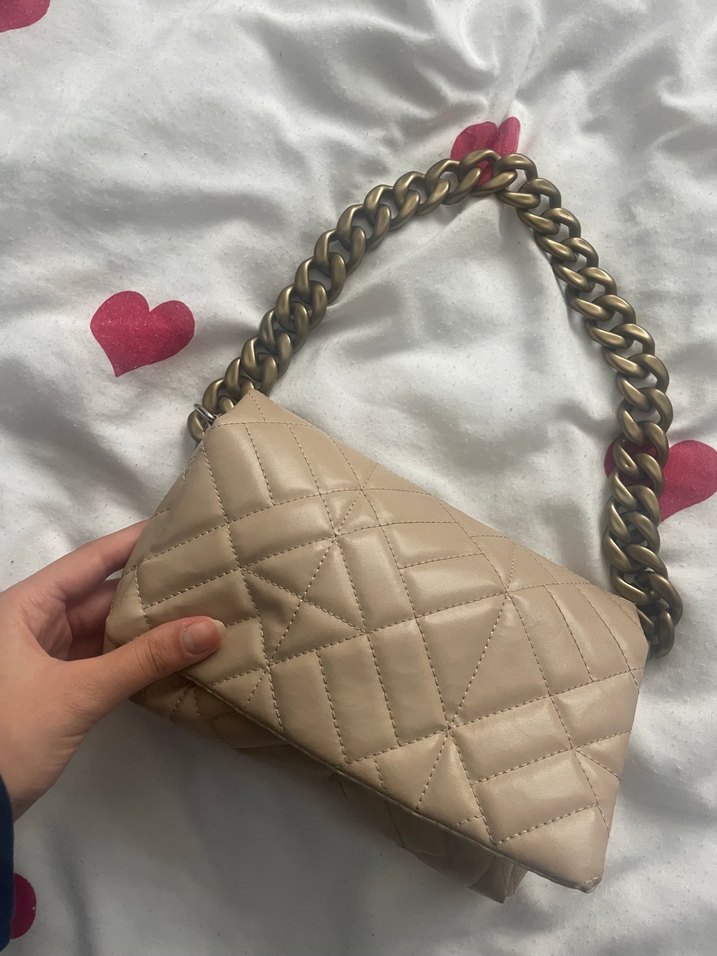 Bej Deri Zincir Detaylı Kadın El Çantası - Görsel 2