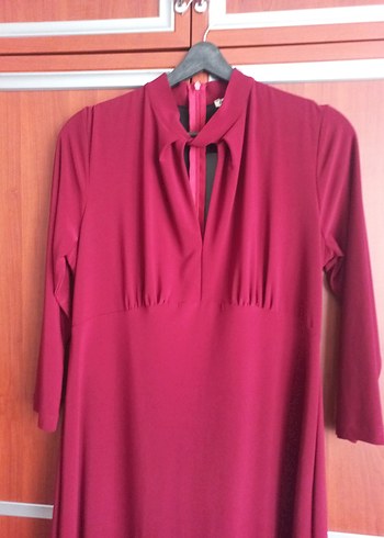 Bordo Kadın V Yaka Midi Kalem Elbise - Görsel 5