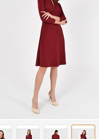Bordo Kadın V Yaka Midi Kalem Elbise - Görsel 3