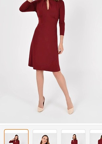 Bordo Kadın V Yaka Midi Kalem Elbise - Görsel 2