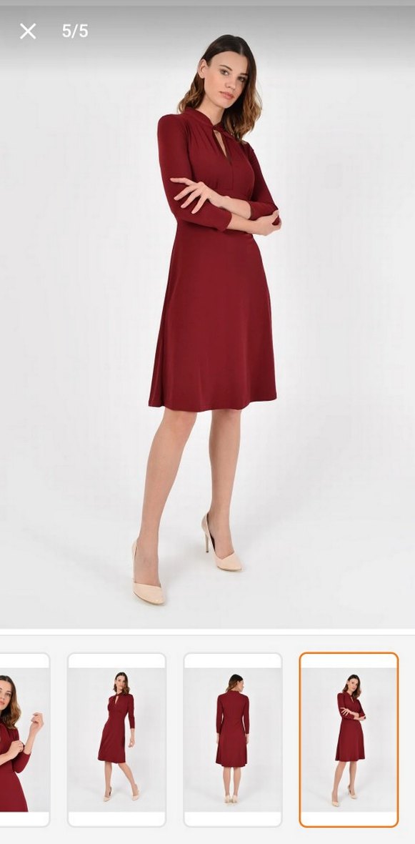 Bordo Kadın V Yaka Midi Kalem Elbise - Görsel 3