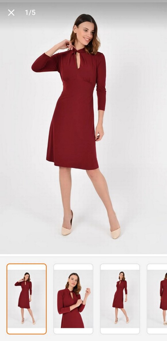 Bordo Kadın V Yaka Midi Kalem Elbise - Görsel 2