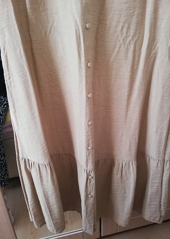 Bej Pamuklu Düğmeli Midi Bohem Elbise - Görsel 3