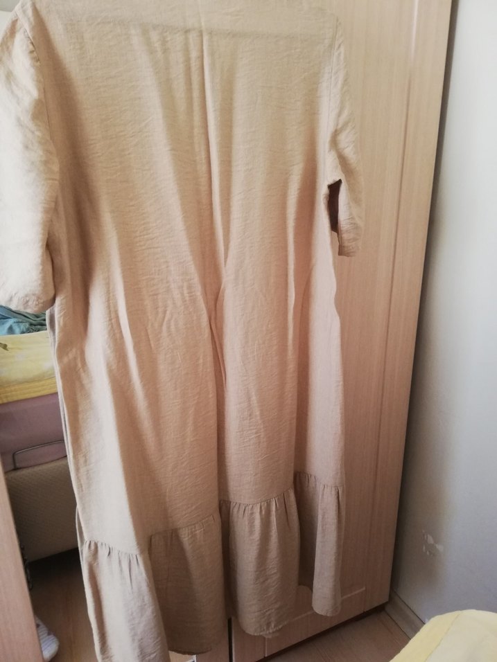 Bej Pamuklu Düğmeli Midi Bohem Elbise - Görsel 4