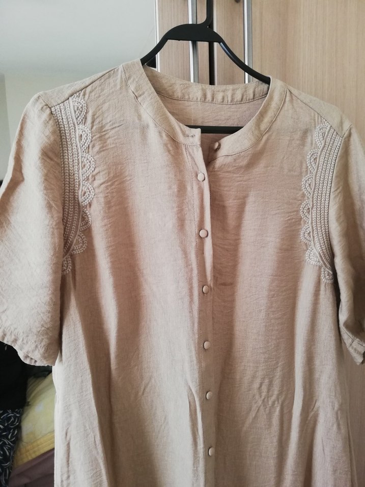 Bej Pamuklu Düğmeli Midi Bohem Elbise - Görsel 2