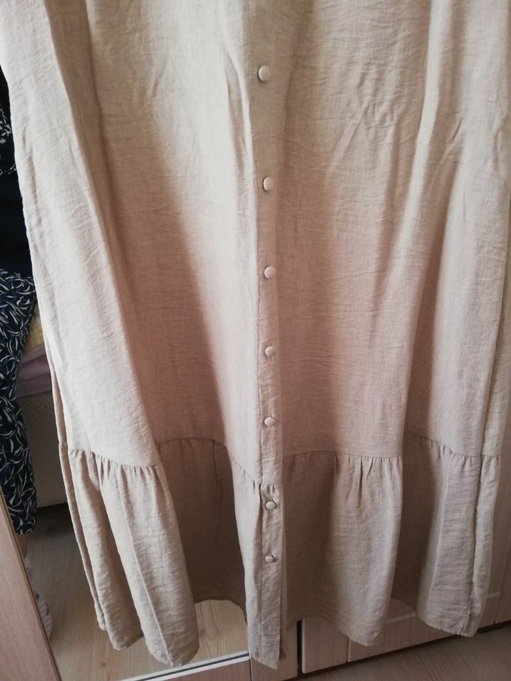 Bej Pamuklu Düğmeli Midi Bohem Elbise - Görsel 3