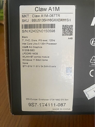Beden Renk MSI CLAW İ5
