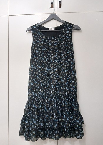 Promod Siyah Mavi Cicekli Kolsuz Vintage Elbise