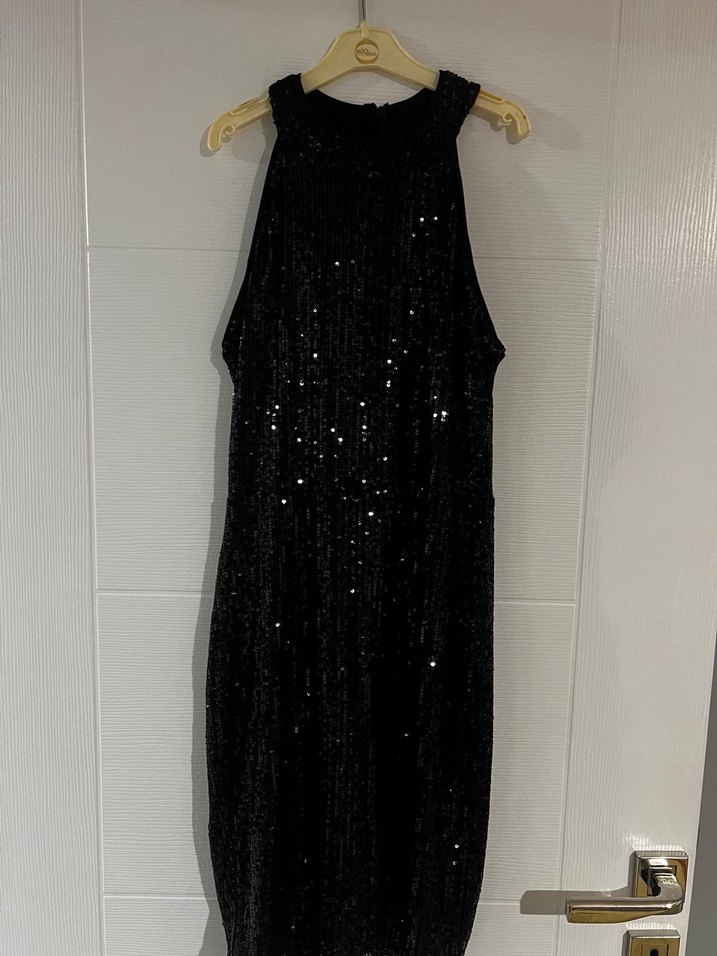 Parlak Siyah Mini Payetli Abiye Elbise - Görsel 2