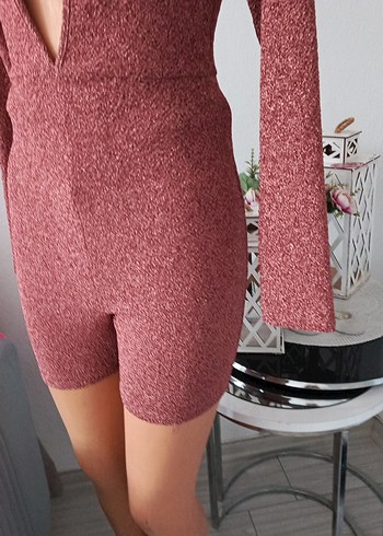 Bordo V Yaka Uzun Kollu Mini Tulum - Görsel 4