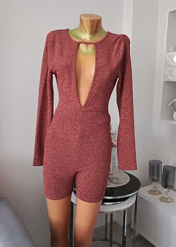 Bordo V Yaka Uzun Kollu Mini Tulum - Görsel 2