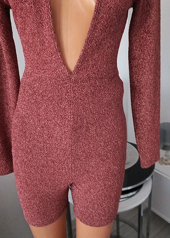 Bordo V Yaka Uzun Kollu Mini Tulum - Görsel 9