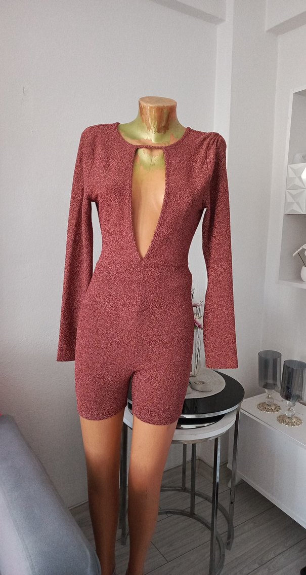 Bordo V Yaka Uzun Kollu Mini Tulum - Görsel 2