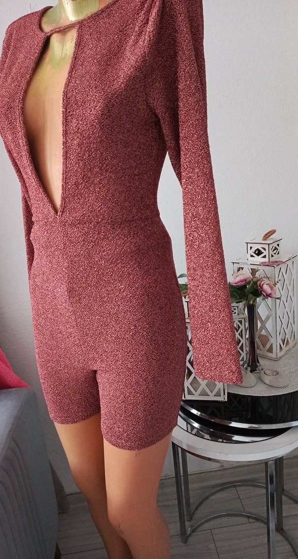 Bordo V Yaka Uzun Kollu Mini Tulum - Görsel 3