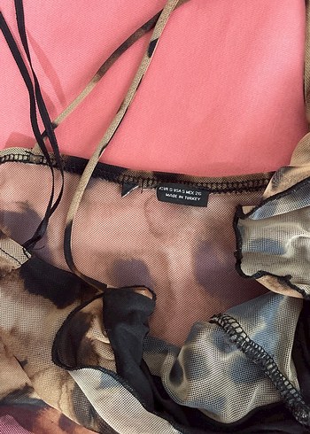 Kahverengi Bağlama Desenli Kürklü Straplez Bustiyer - Görsel 3