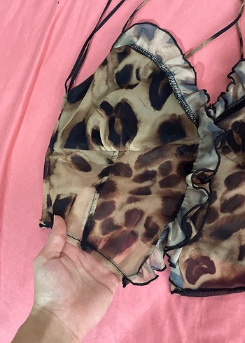 Kahverengi Bağlama Desenli Kürklü Straplez Bustiyer - Görsel 2