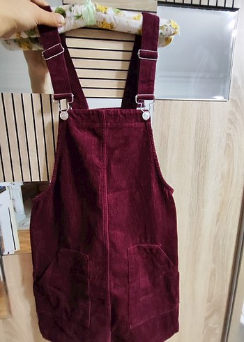 Bordo Süet Askılı Midi Salopet - Görsel 2