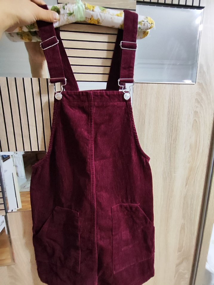 Bordo Süet Askılı Midi Salopet - Görsel 2