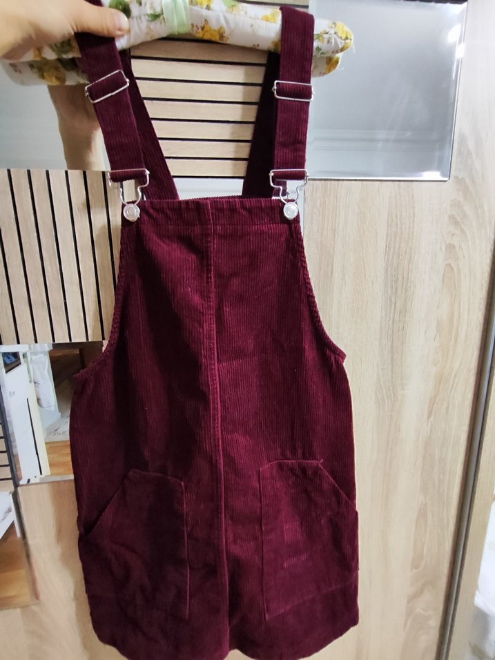 Bordo Süet Askılı Midi Salopet - Görsel 3