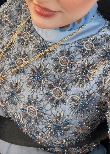 İşlemeli Boncuk Detaylı Uzun Gri Abiye Elbise - Görsel 5