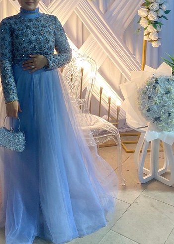 İşlemeli Boncuk Detaylı Uzun Gri Abiye Elbise - Görsel 2