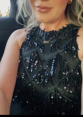 İşlemeli Siyah Uzun Abiye Elbise - Görsel 3