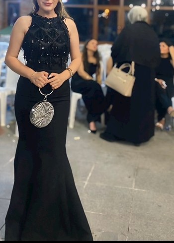 İşlemeli Siyah Uzun Abiye Elbise - Görsel 2