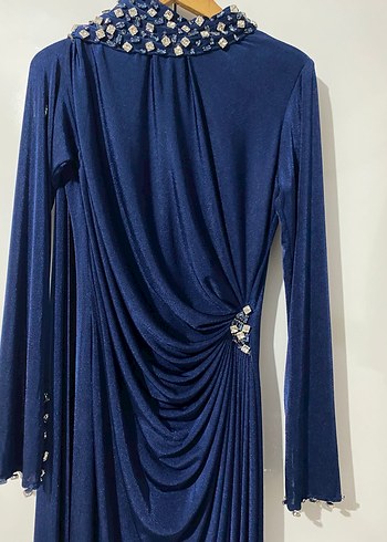 Uzun Kollu Drapeli Mavi Abiye Elbise - Görsel 4