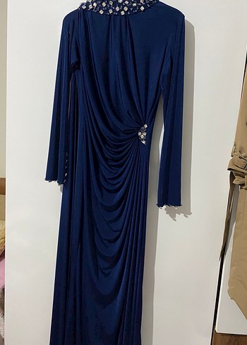 Uzun Kollu Drapeli Mavi Abiye Elbise - Görsel 2