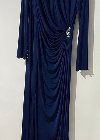 Uzun Kollu Drapeli Mavi Abiye Elbise - Görsel 3