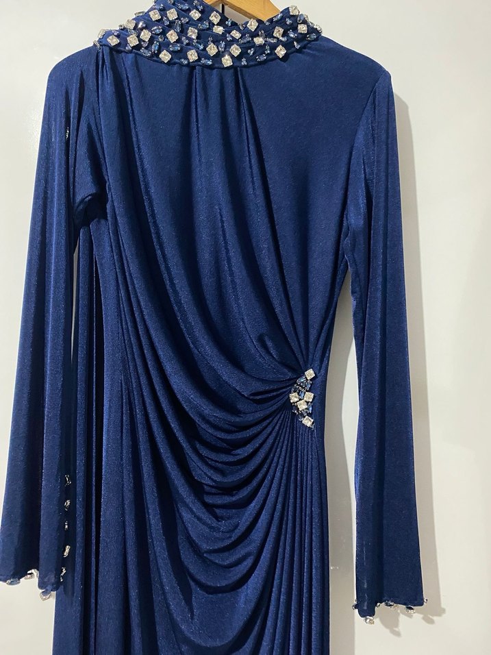 Uzun Kollu Drapeli Mavi Abiye Elbise - Görsel 4