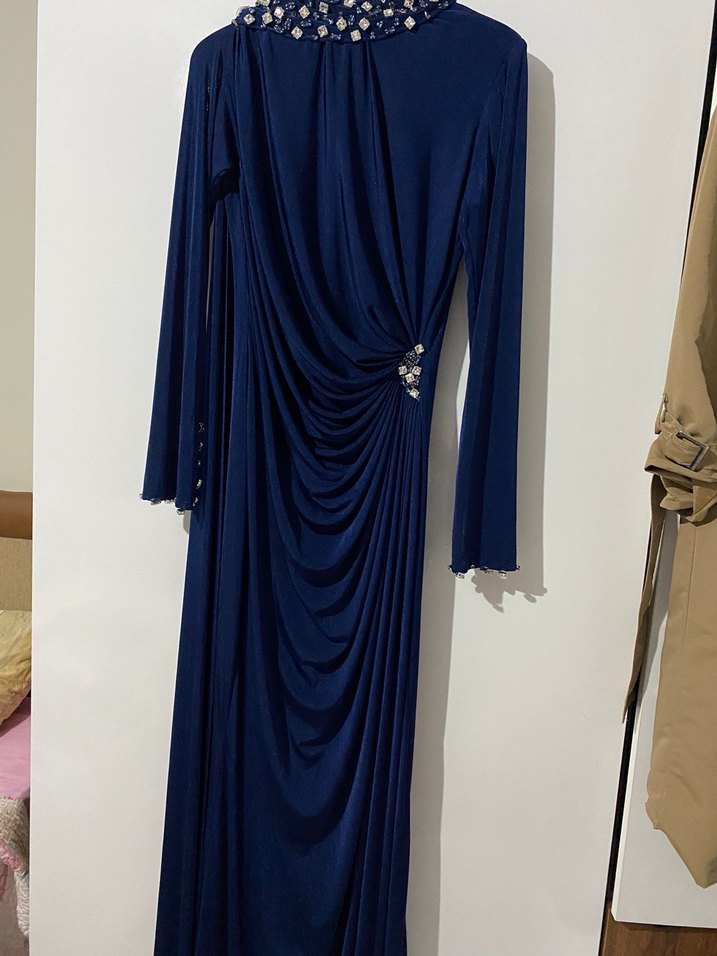 Uzun Kollu Drapeli Mavi Abiye Elbise - Görsel 2
