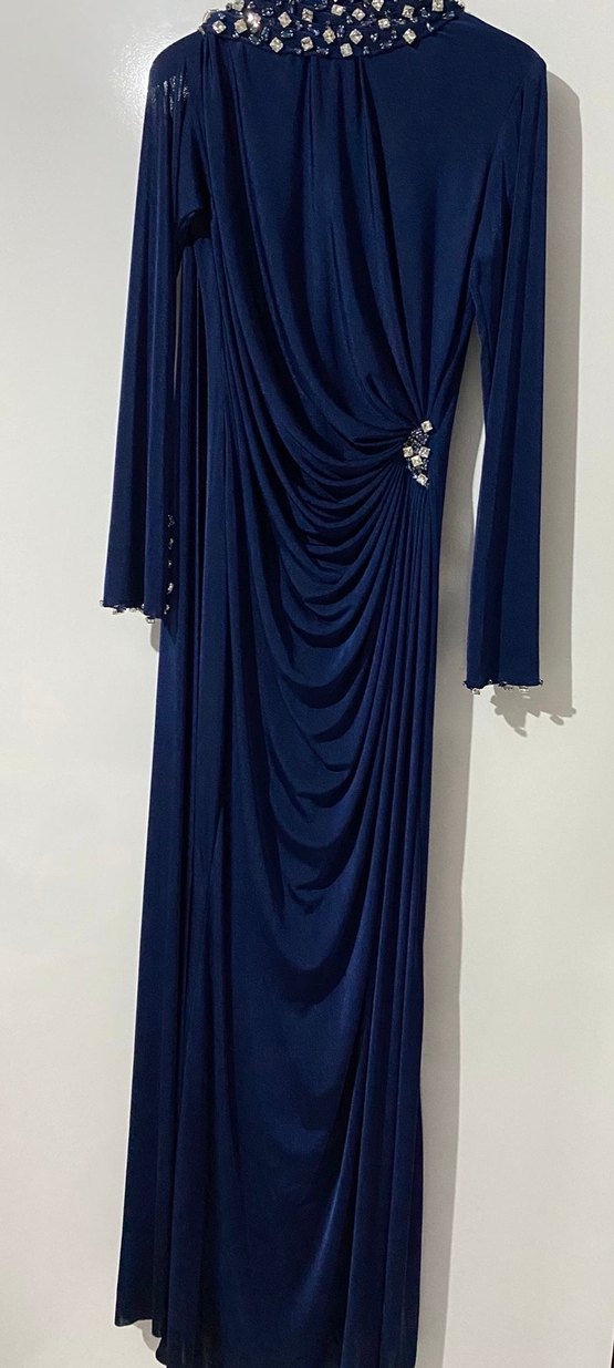 Uzun Kollu Drapeli Mavi Abiye Elbise - Görsel 3