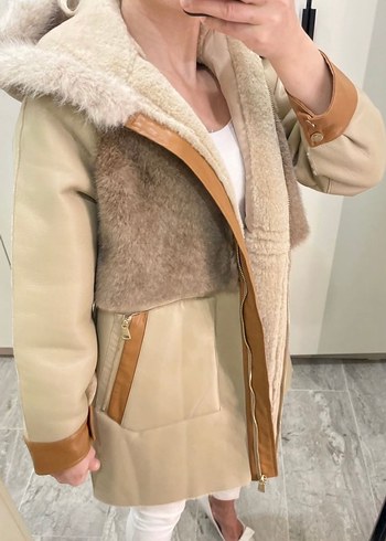 xxl Beden camel Renk İpekyol Kürklü Bej Mini Deri Kaban