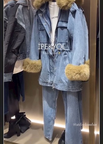 İpekyol Kadın Mavi Kürklü Uzun Denim Ceket