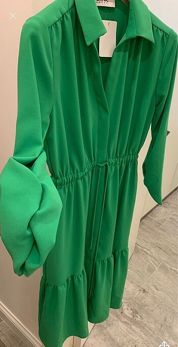 s Beden yeşil Renk İpekyol Bel Detay Elbise