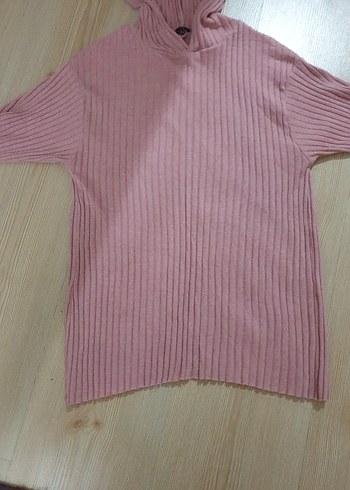 Pembe Kapüşonlu Triko Kadın Kazak - Görsel 2