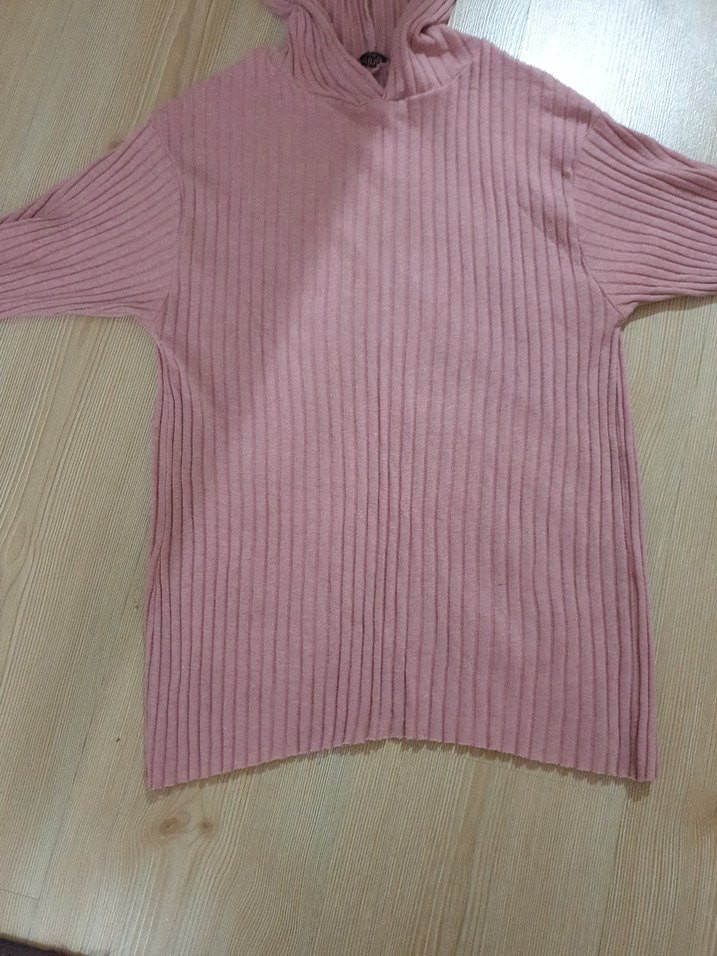 Pembe Kapüşonlu Triko Kadın Kazak - Görsel 2