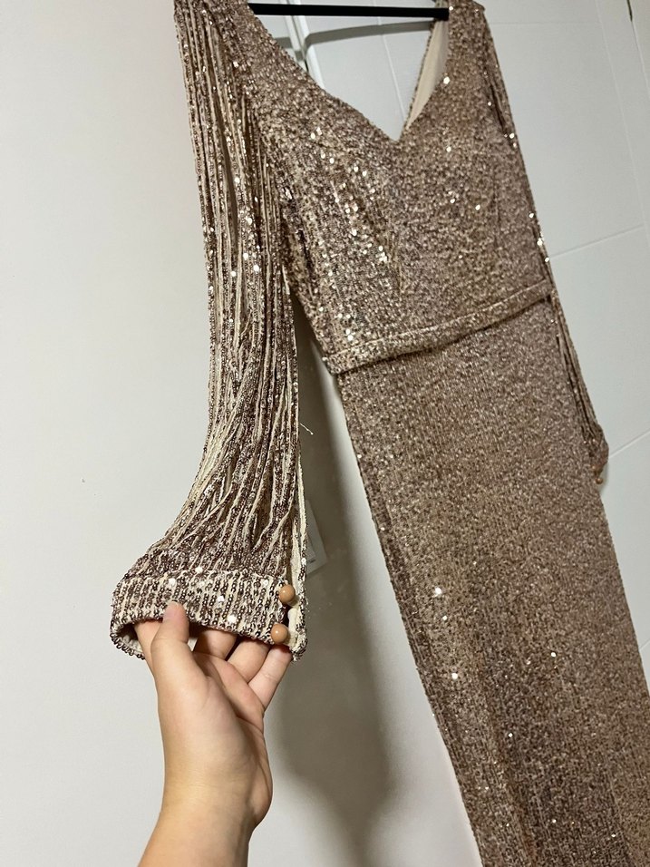 V Yaka Parlak Bej Uzun Abiye Elbise - Görsel 2