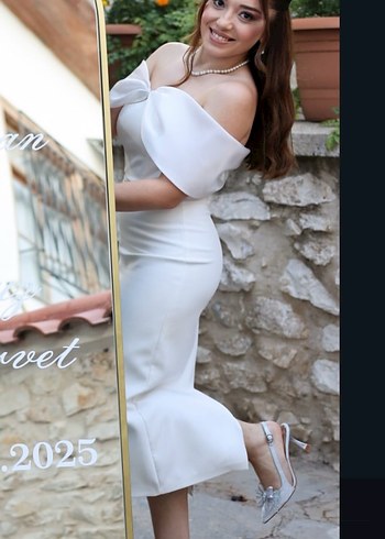 Beyaz Drapeli Straplez Mini Nişan Elbisesi - Görsel 3