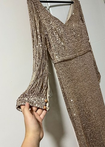 Parlak Bej Drapeli Uzun Abiye Elbise - Görsel 3