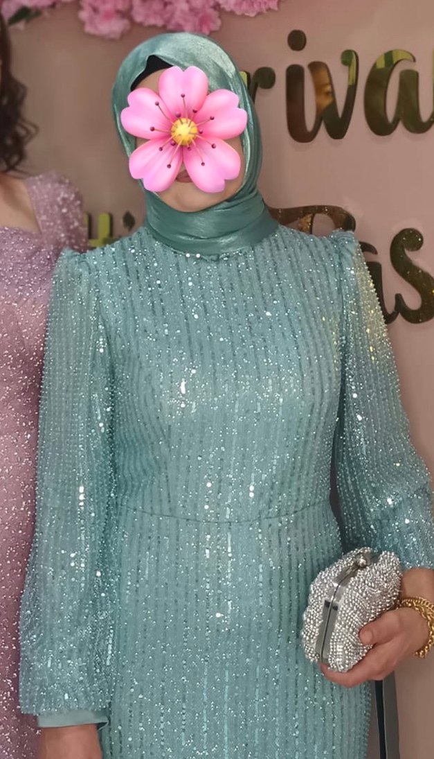 Uzun Kollu Turkuaz Parlak Abiye Elbise - Görsel 2