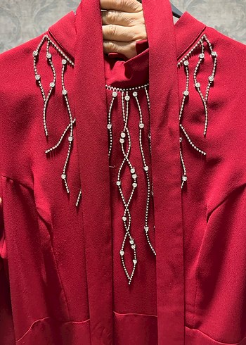 Bordo İşlemeli Uzun Kollu Kadın Elbise - Görsel 3