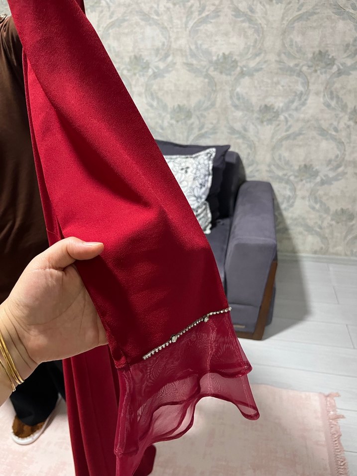 Bordo İşlemeli Uzun Kollu Kadın Elbise - Görsel 5