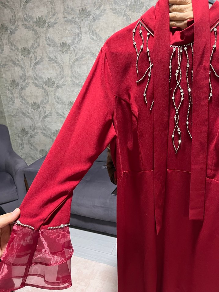 Bordo İşlemeli Uzun Kollu Kadın Elbise - Görsel 2